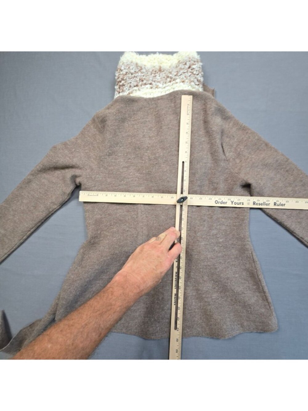 Rosie Neira Large 100% Wool Cardigan With Tie Front & Textured Collar Brown/Crea - Picture 6 of 6